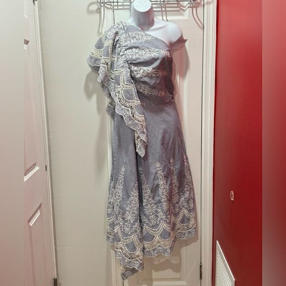 NWOT BCBGMAXAZRIA BCBG One Shoulder Embroidered Stripe Dress Blue Combo Size 14 - Picture 4 of 14